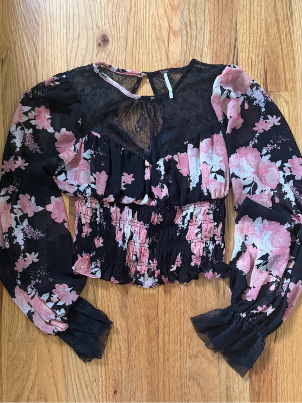 Free People Black Blouse with Pink Floral Print & Lace Yoke